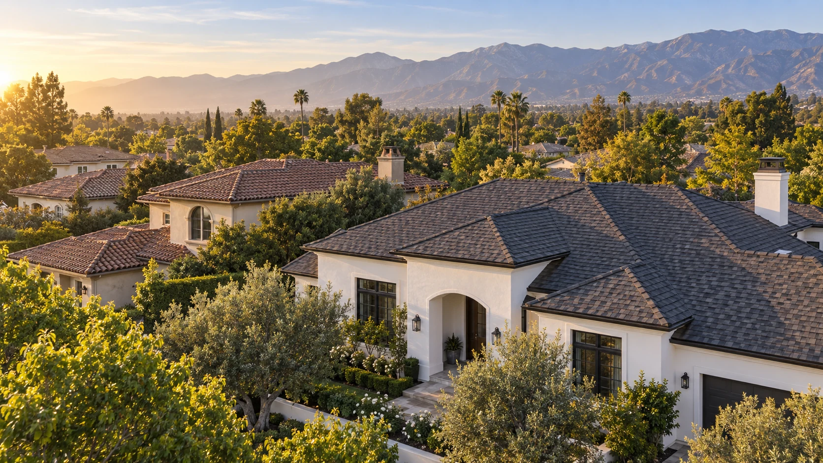 Covina-area homes and completed roofs beneath the San Gabriel Mountains